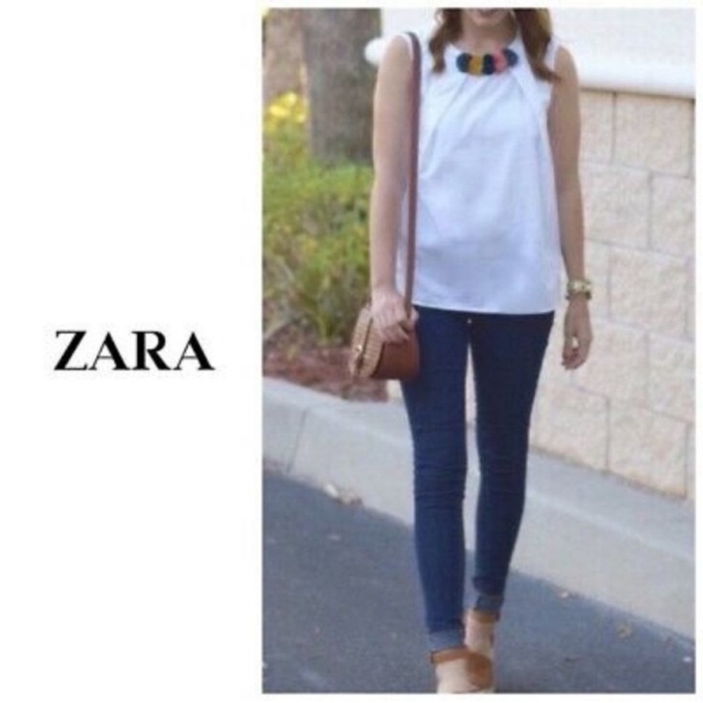 Zara Basic White Cotton Sleeveless Pleated Front Pom Pom Embellished Blouse M